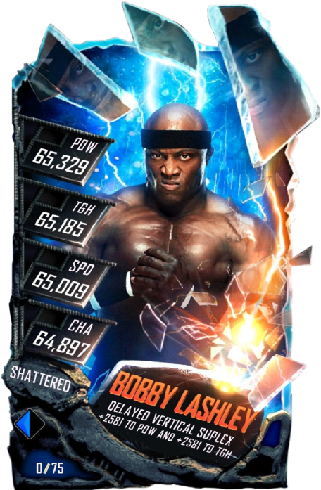 摔角 桌布 壁紙 — 一位名叫 Bobby Lashley 的肌肉發達的摔角手，帶著發光的統計數據和火熱的能量衝破碎玻璃效果。