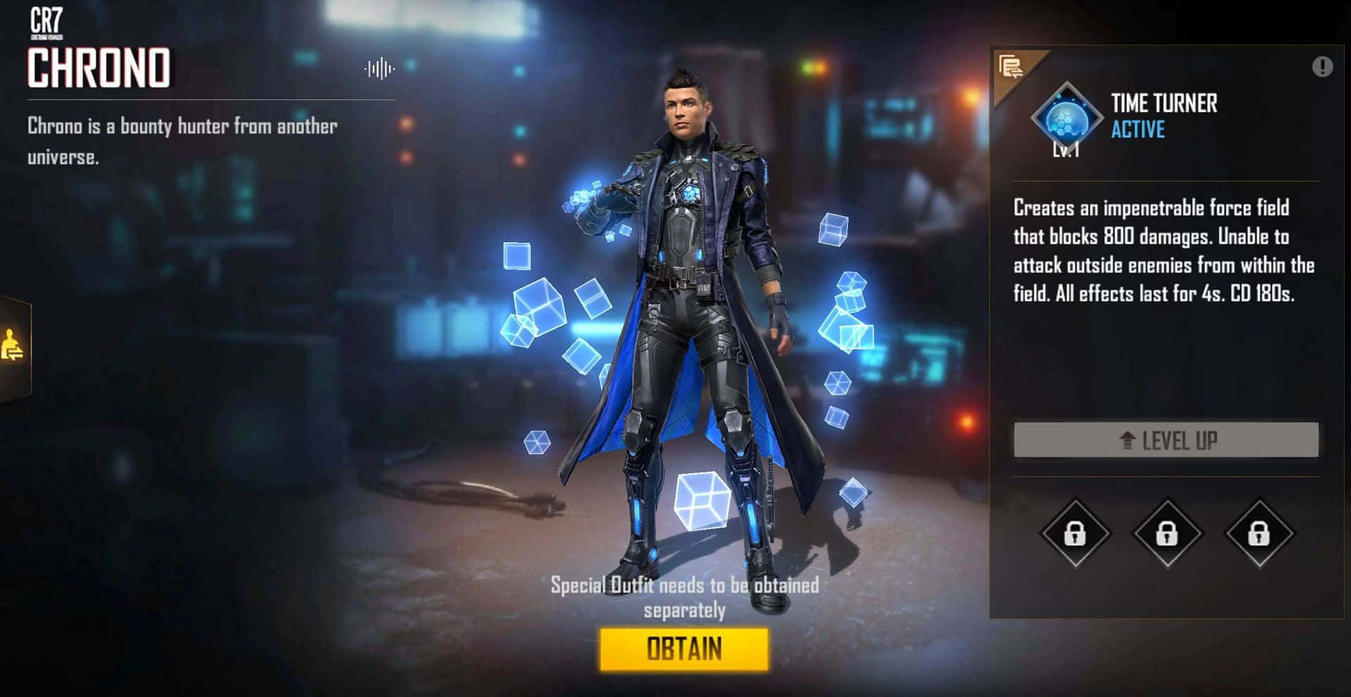 Free Fire Character 桌布 壁紙 — 一位名為 Chrono 的未來賞金獵人站在霓虹燈照亮的城市小巷中，發光的藍色立方體漂浮在他周圍，他正在啟動他的時間轉換能力。
