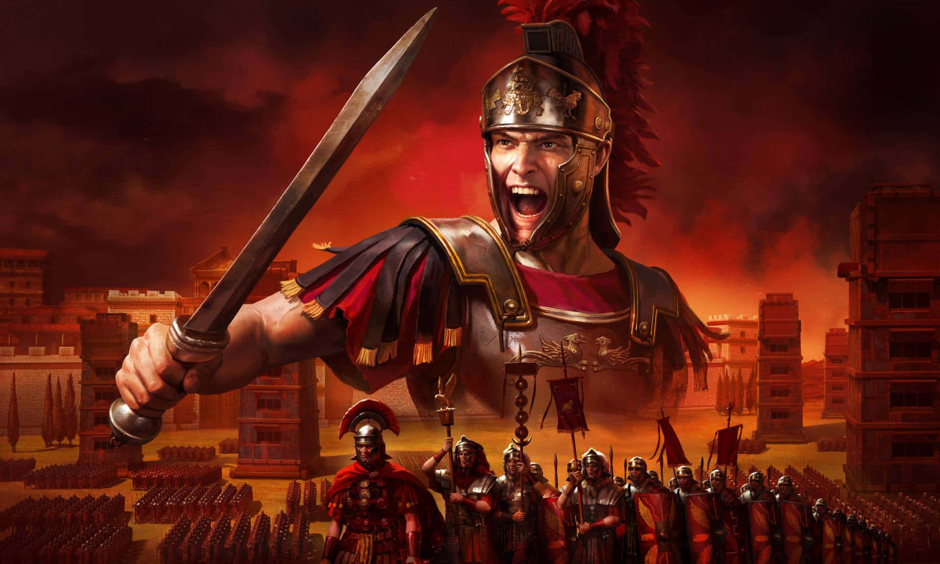 Best Total War Shogun 2 桌布 壁紙 — 一位咆哮的羅馬將軍身穿華麗盔甲，在軍團上方揮舞寶劍，熾熱的紅色天空籠罩著古城遺跡。