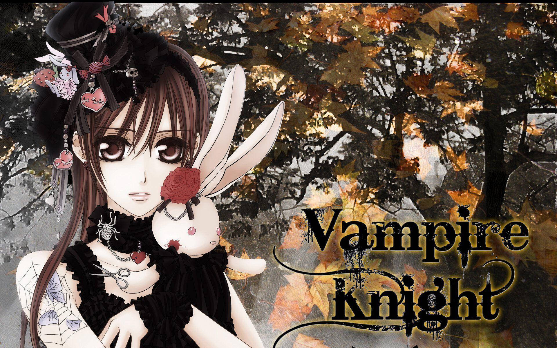 Vampire Knight 桌布 壁紙 — 一位哥德式動漫少女，戴著兔耳和黑色蕾絲，站在秋葉中手持玫瑰。