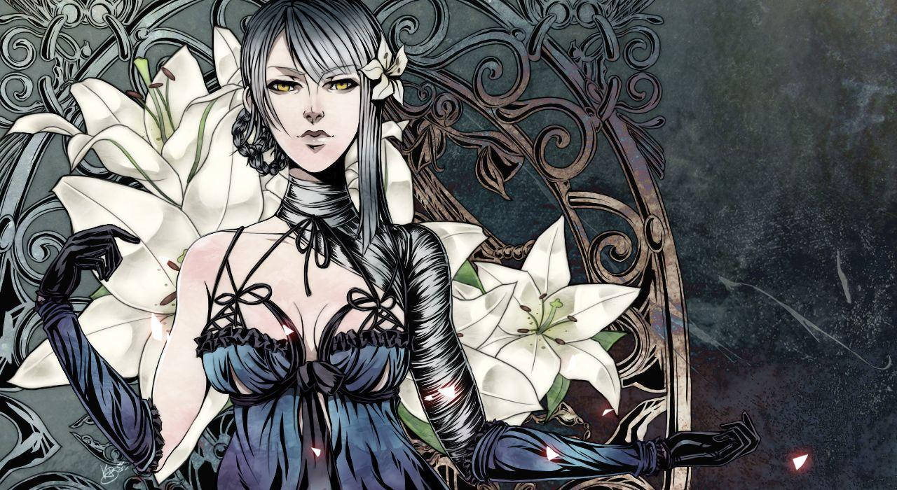 Nier 桌布 壁紙 — 一位哥德式動畫女性，蒼白皮膚和黃色眼睛，站在白色百合花中，周圍是華麗的深色金屬工藝。