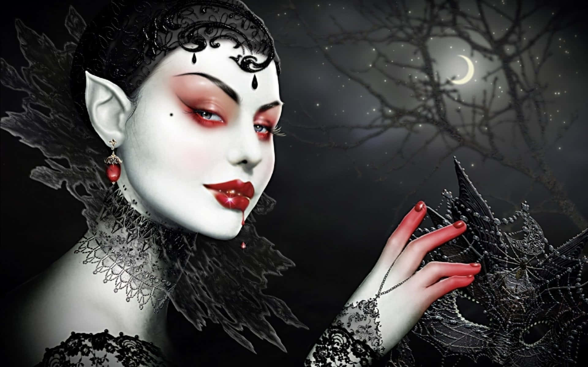 Dark Vampire 桌布 壁紙 — 一位哥德式吸血鬼女性，白臉紅唇，穿著黑色蕾絲，在彎月下捧著一隻烏鴉。