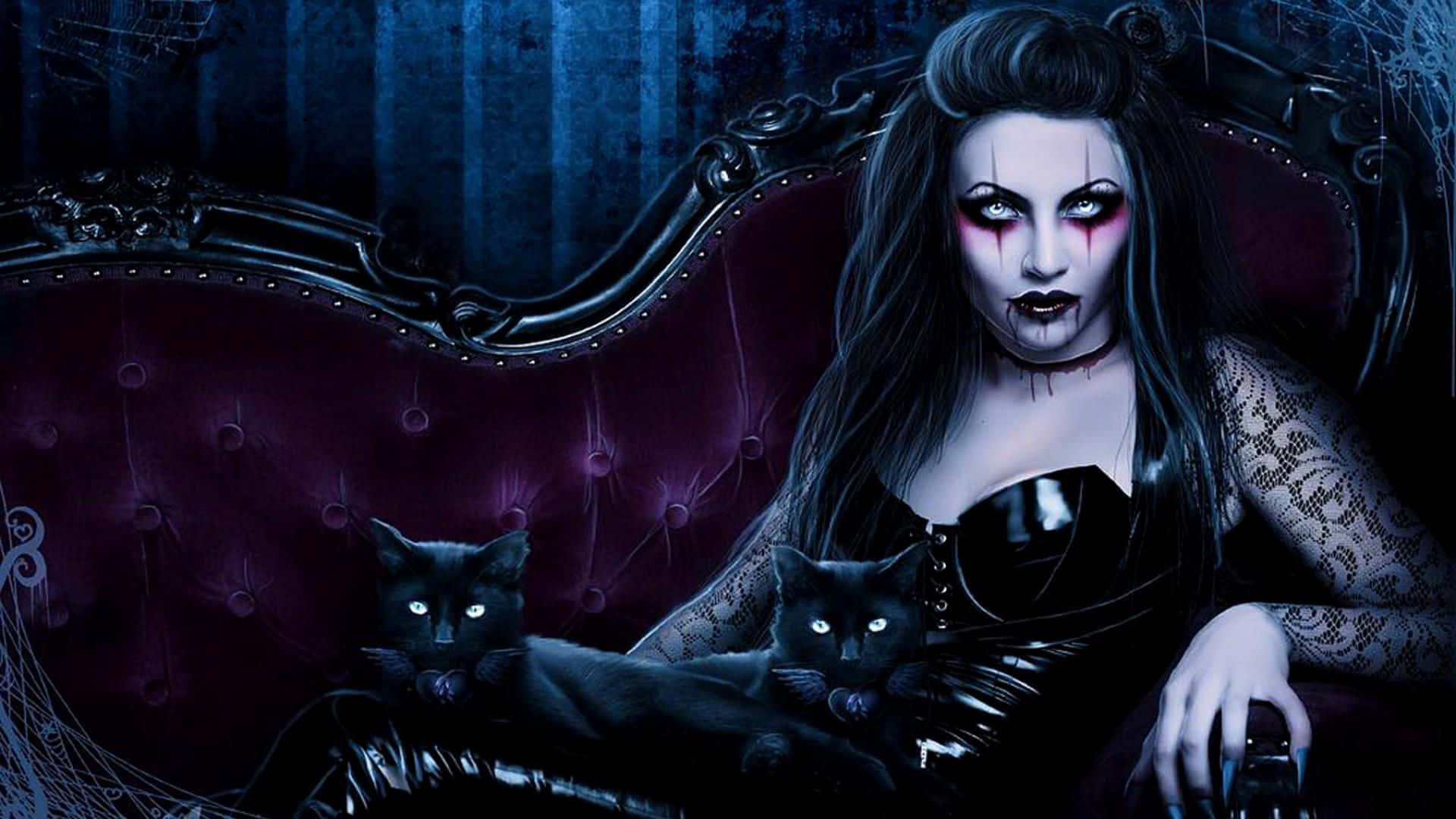 Dark Gothic 桌布 壁紙 — 一位哥德風格的女性，皮膚蒼白，紅色眼妝，端莊地坐在天鵝絨貴妃椅上，兩旁有兩隻眼睛發光的黑貓。