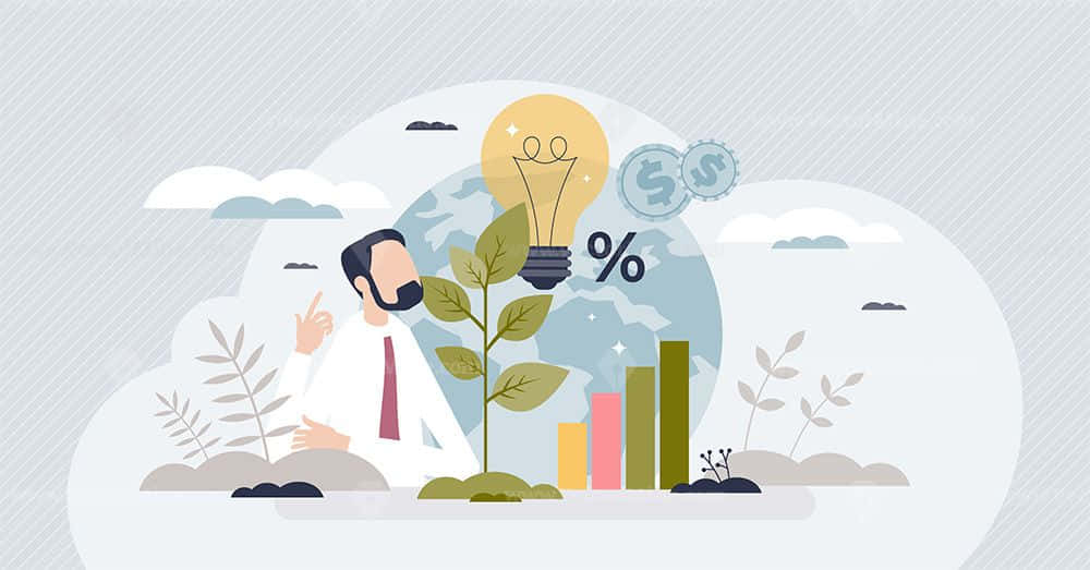 Green Finance 桌布 壁紙 — 一位商人向一株正在生長的植物做手勢，植物上方有燈泡和美元符號，下方有地球儀和長條圖。