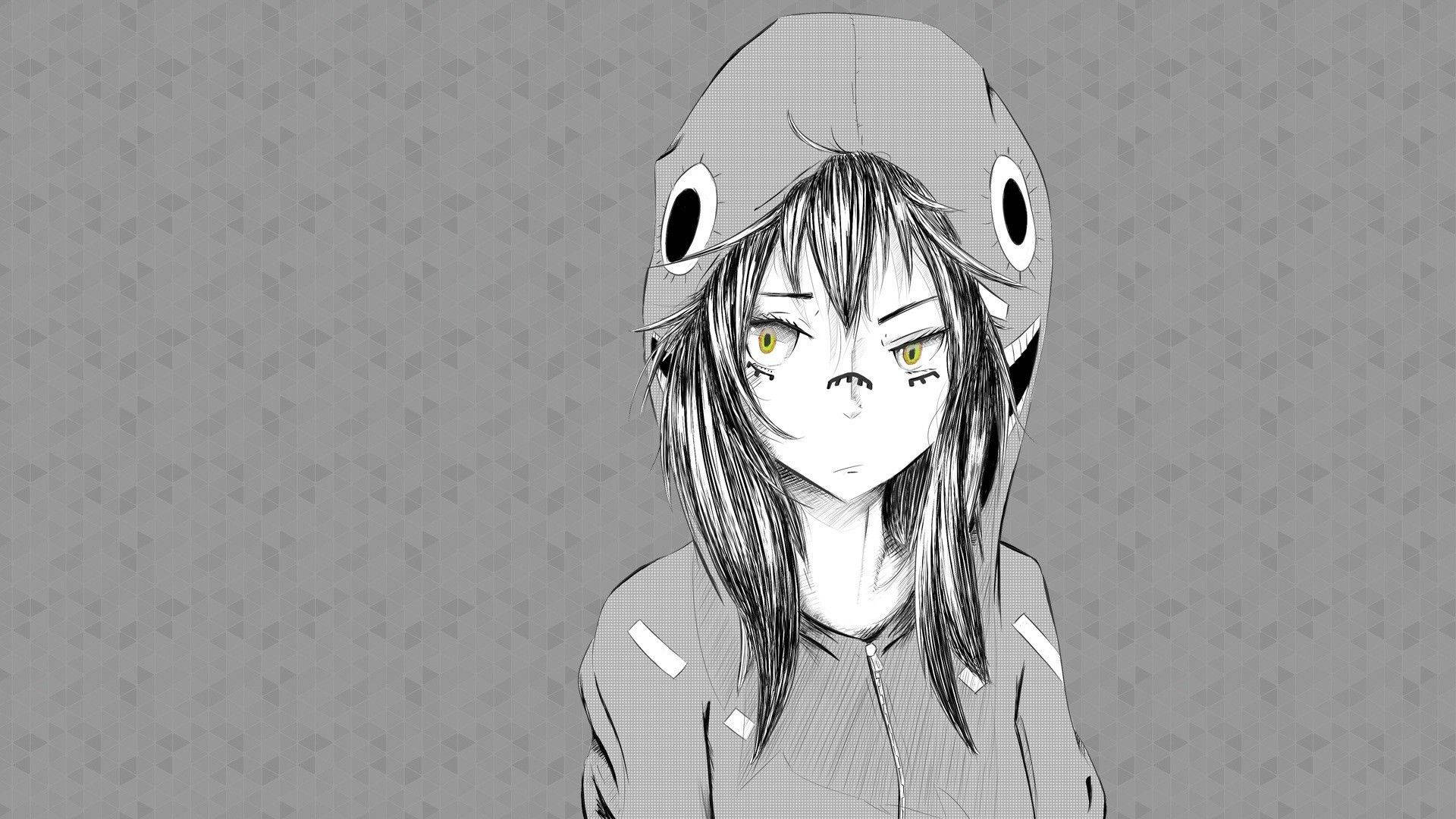 暗黑動漫風格GIF 桌布 壁紙 — 一位單色動漫女孩，黃色眼睛，穿著鯊魚連帽衫，背景為灰色圖案。