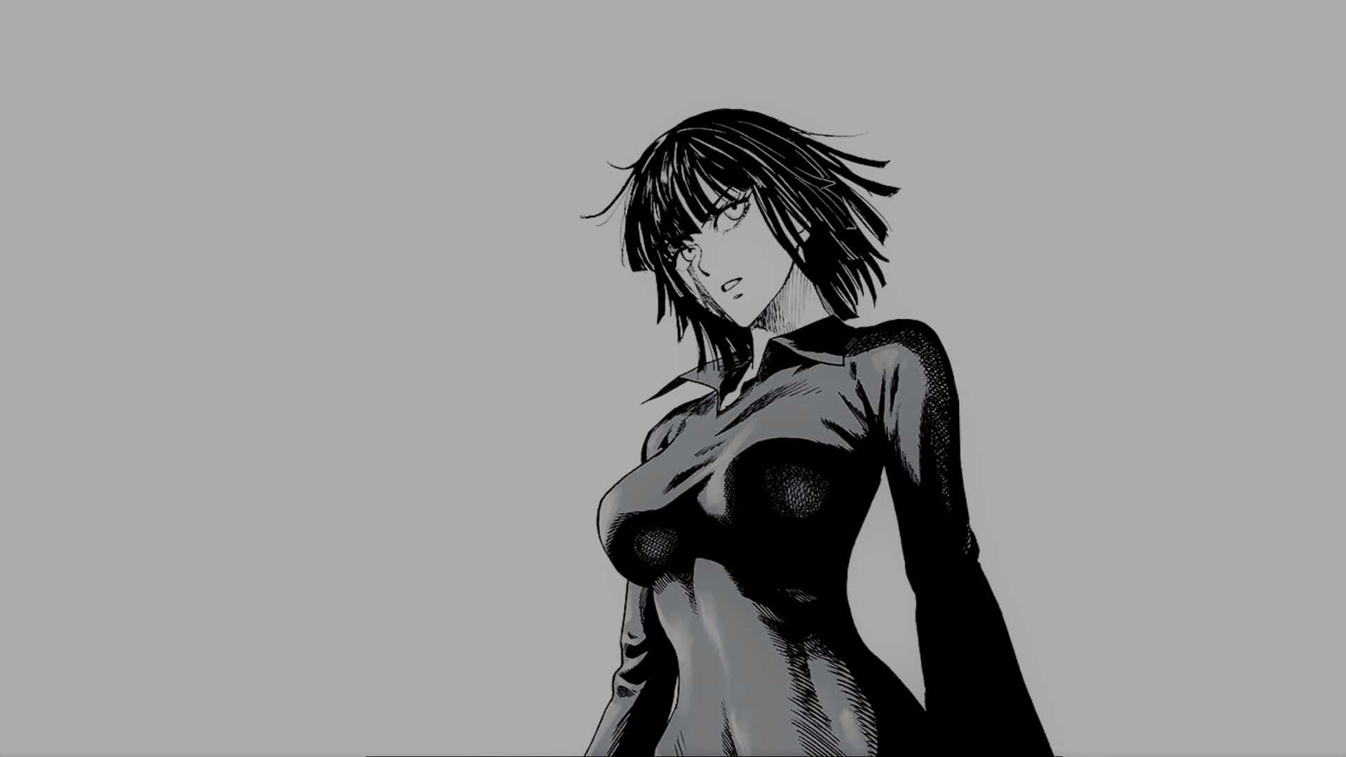Fubuki 桌布 壁紙 — 一位單色動漫女性，短髮，眼神強烈，站在純灰色背景前。
