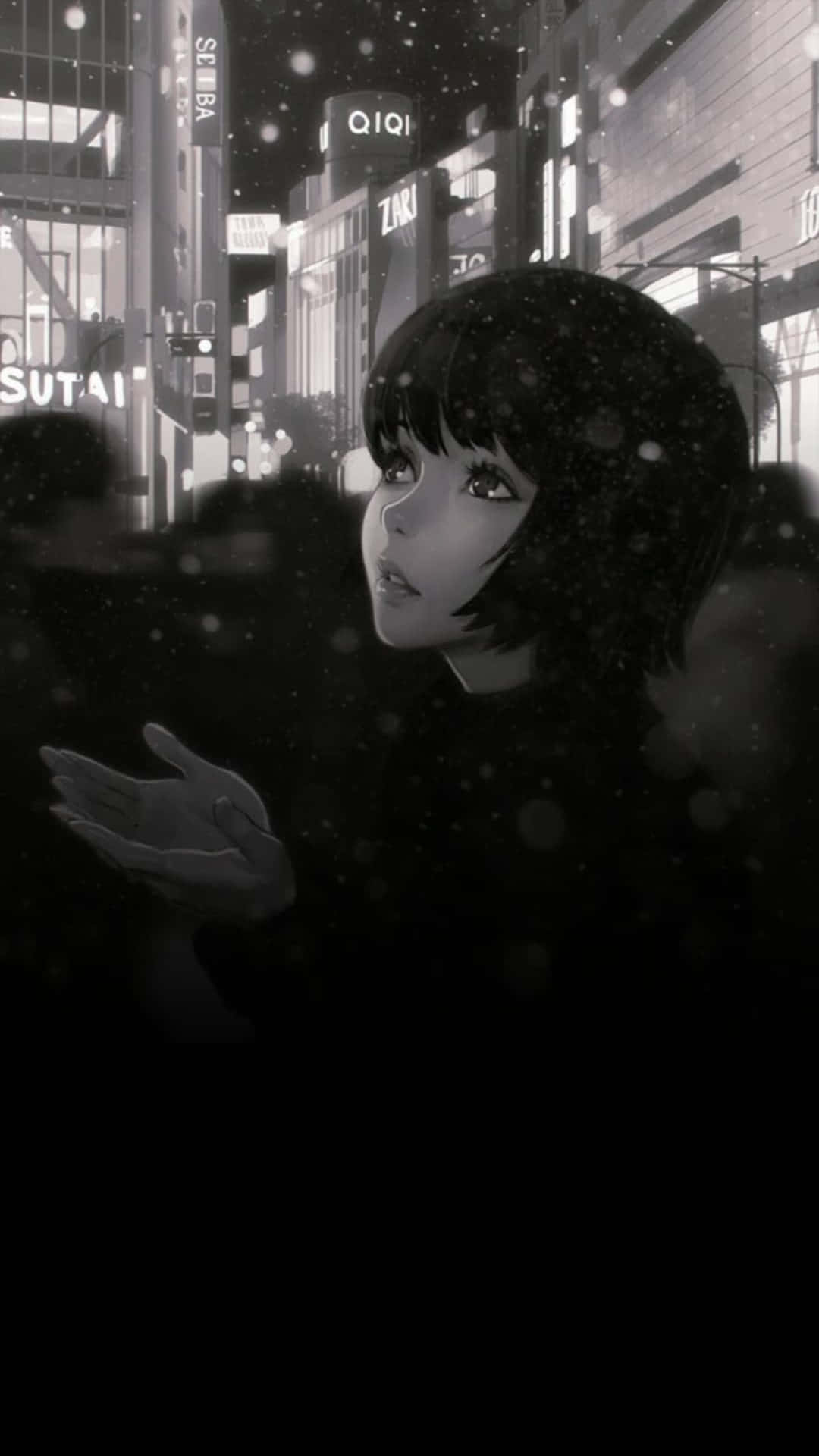 anime black and white 桌布 壁紙 — 一位單色動畫風格的短髮少女站在雪夜都市場景中，伸出手，雪花在她周圍飄落。