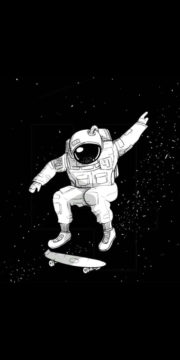 桌布 壁紙 — 一位單色線條藝術太空人踩著滑板穿過滿天星斗的虛空，一隻手臂舉起做出動作。