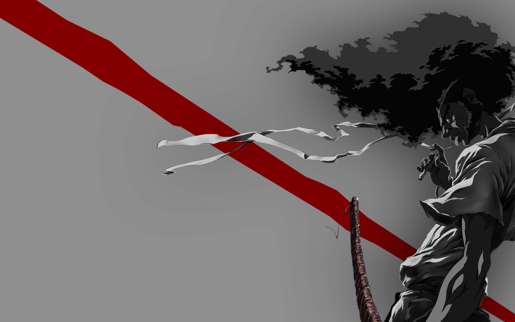 Afro Samurai 桌布 壁紙 — 一位單色調的武士戰士抽著煙，煙霧在鮮紅色的對角斜線前旋轉。
