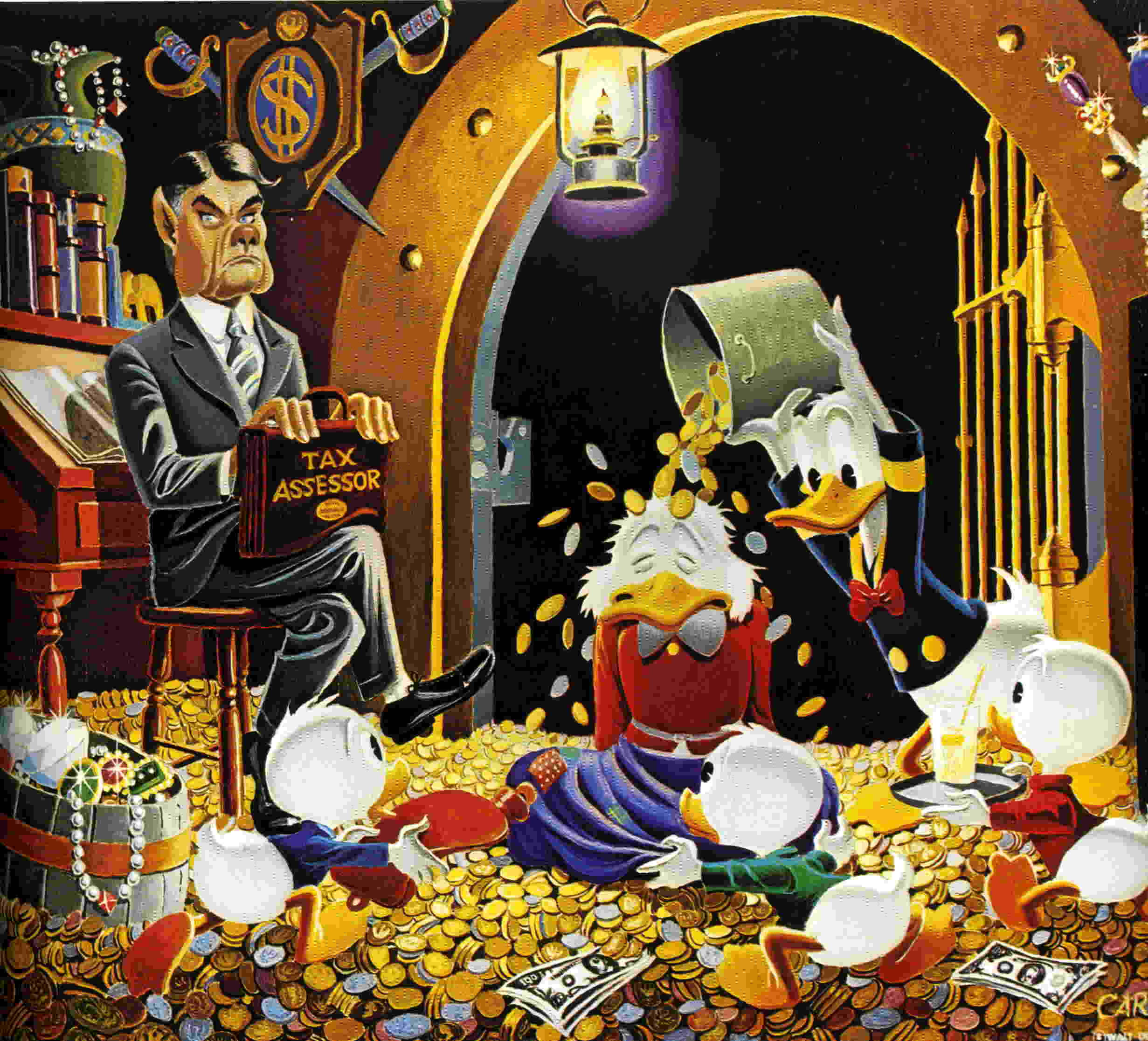 Scrooge 桌布 壁紙 — 一位嚴厲的稅務評估員監督著史高治·麥克達克和他的侄子們貪婪地將金幣倒成一堆。