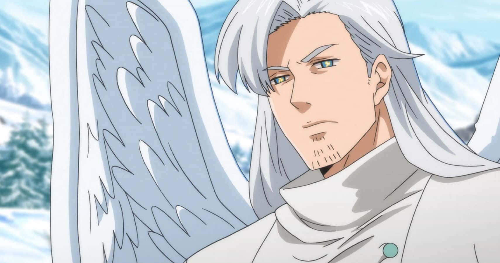 Seven Deadly Sins Mael 桌布 壁紙 — 一位嚴肅的動漫天使，白髮和翅膀，站在雪山的背景下。