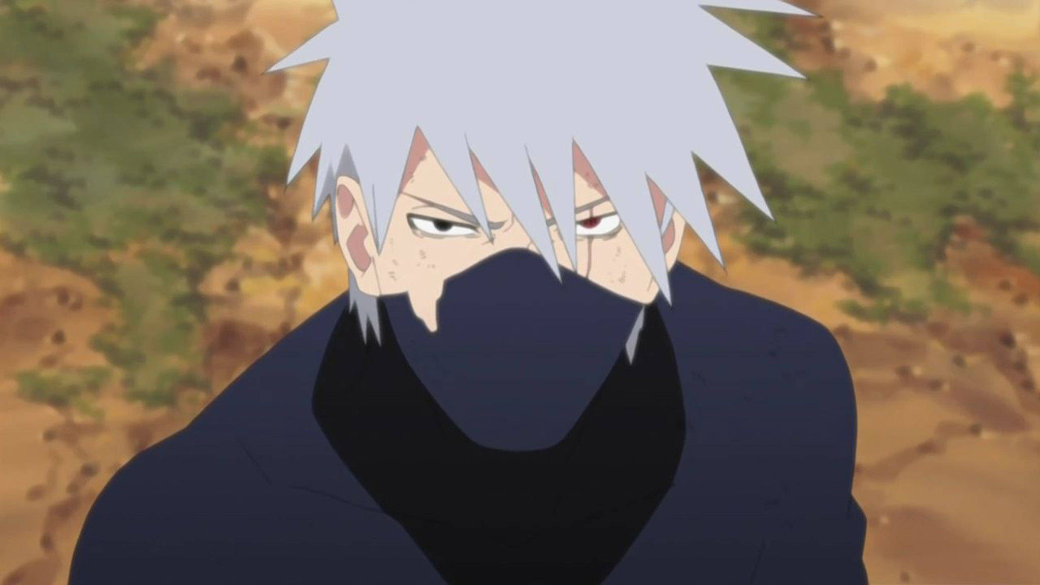 kakashi pfp 桌布 壁紙 — 一位嚴肅的動漫忍者，有著尖刺的白髮和黑色面具，在模糊的大地色背景下強烈地凝視著。
