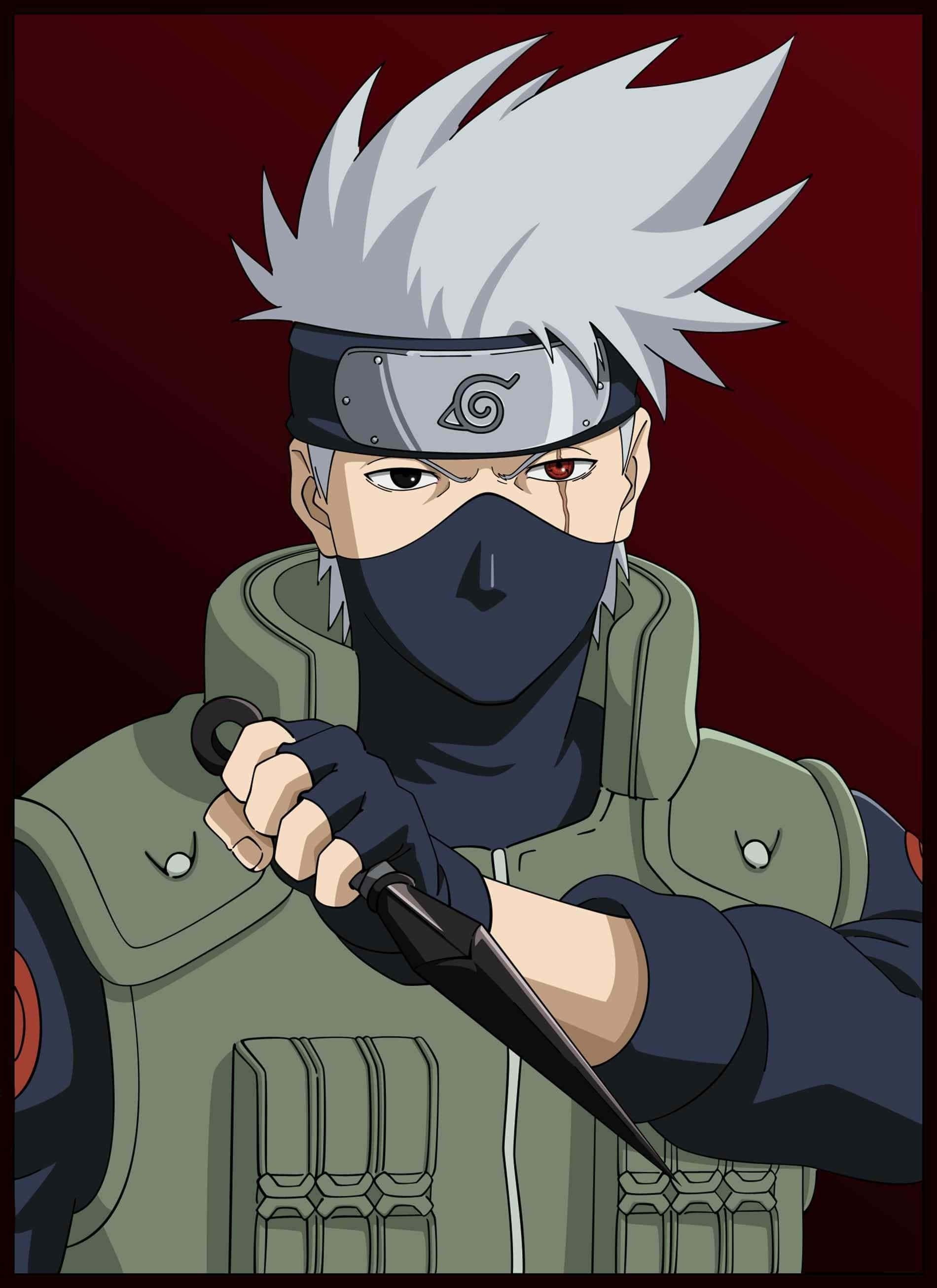 kakashi pfp 桌布 壁紙 — 一位嚴肅的動漫忍者，有著尖刺的白髮和紅色的眼睛，在深紅色背景前握著一把苦無刀。