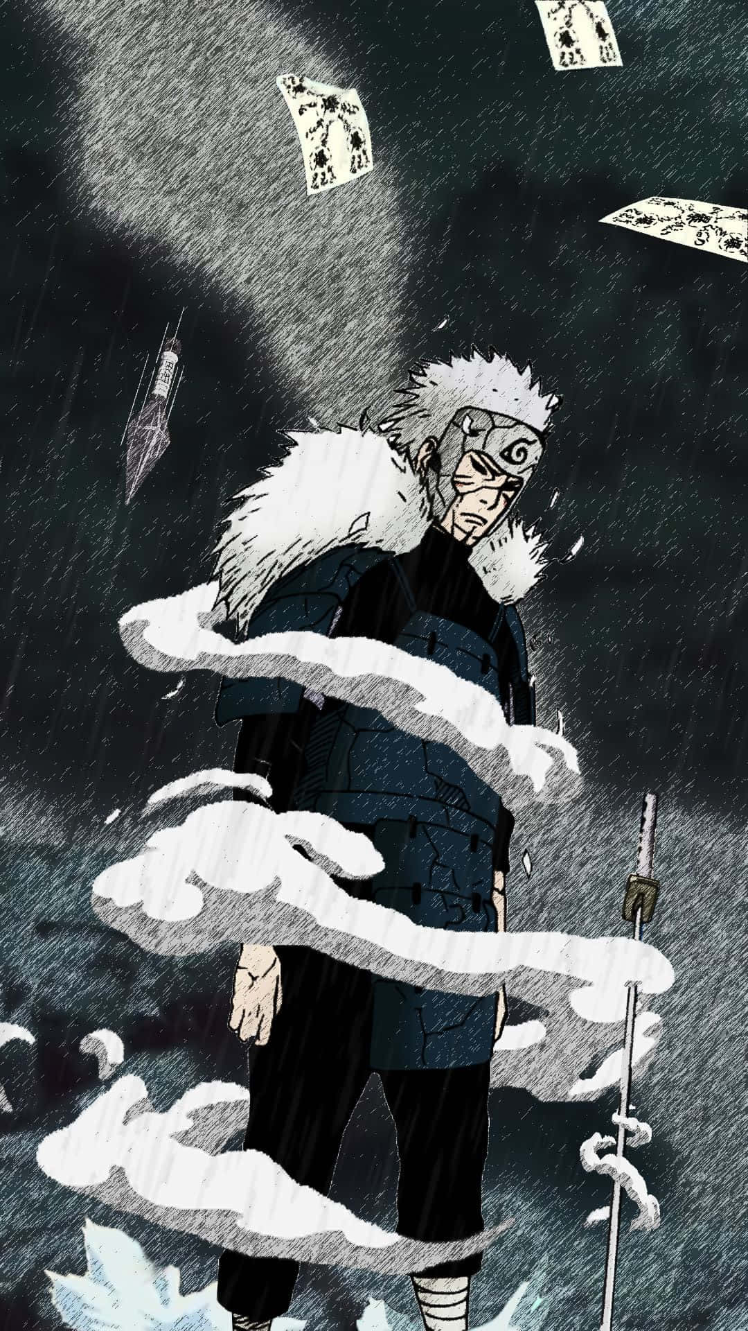 tobirama senju 桌布 壁紙 — 一位嚴肅的動漫忍者，白髮，穿著毛皮襯裡的斗篷，站在旋轉的雪和飄落的紙張中，背景是黑暗暴風雨的天空。