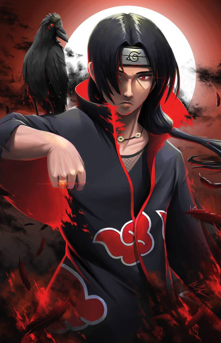 akatsuki itachi 桌布 壁紙 — 一位嚴肅的動漫忍者，身穿紅色雲紋斗篷，背後棲息著一隻烏鴉，背景是血紅色的月亮。