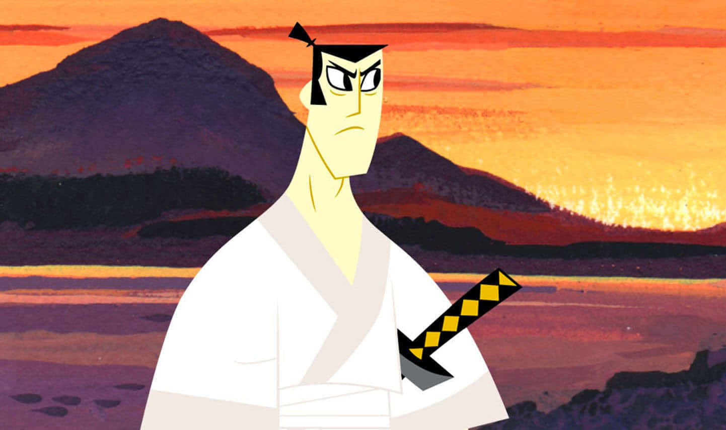 samurai jack 桌布 壁紙 — 一位嚴肅的動漫武士身穿白色長袍，站在火紅的夕陽前，背景是紫色的山脈和發光的地平線。