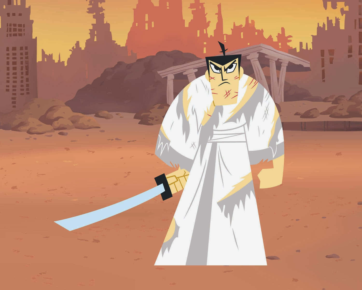 samurai jack 桌布 壁紙 — 一位嚴肅的動漫武士身穿白色長袍，在夕陽下的廢墟城市中手持劍。