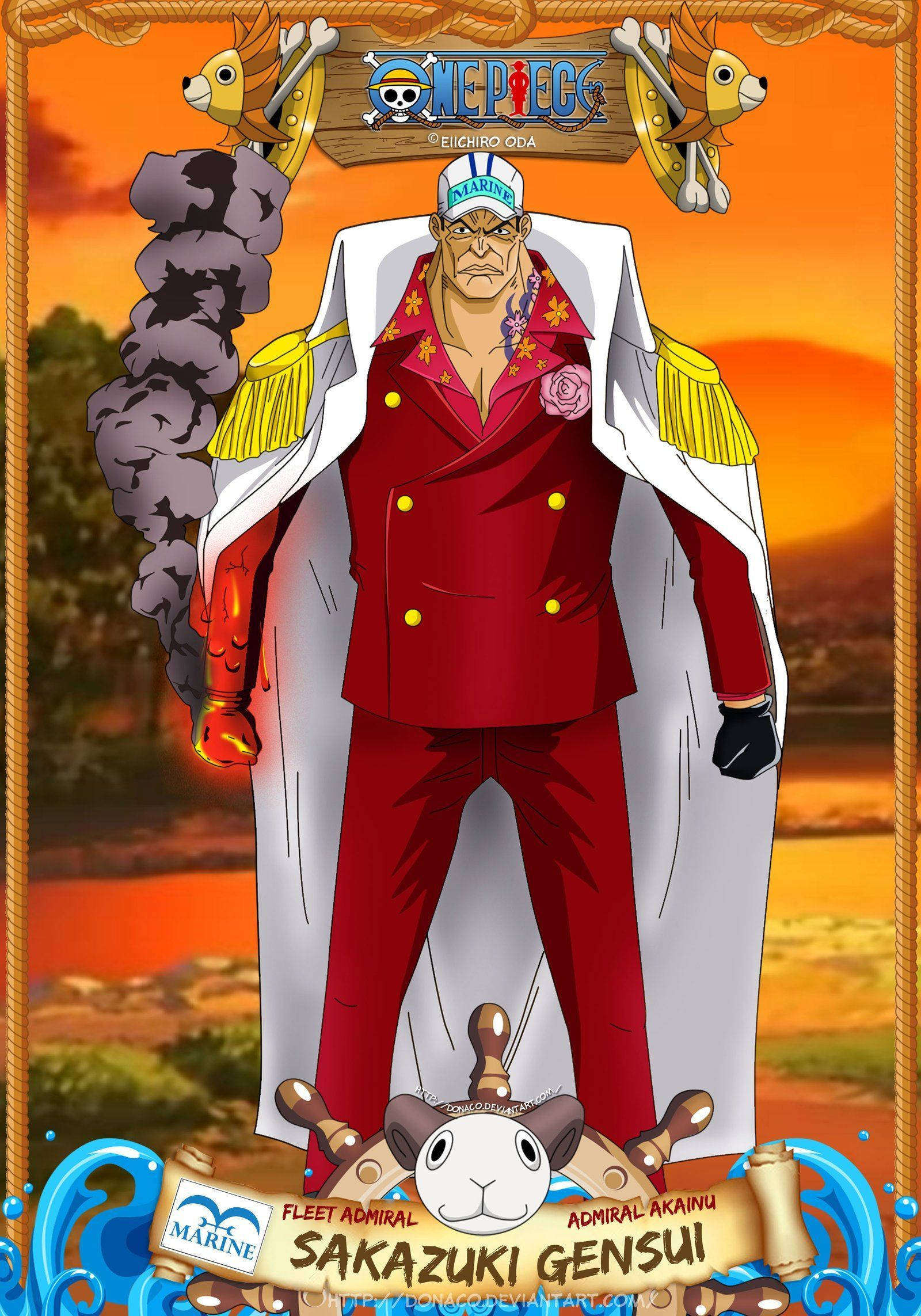 akainu 桌布 壁紙 — 一位嚴肅的動漫海軍上將，身穿紅色制服和白色外套，站在火熱的日落背景下，有煙霧和海軍徽章。