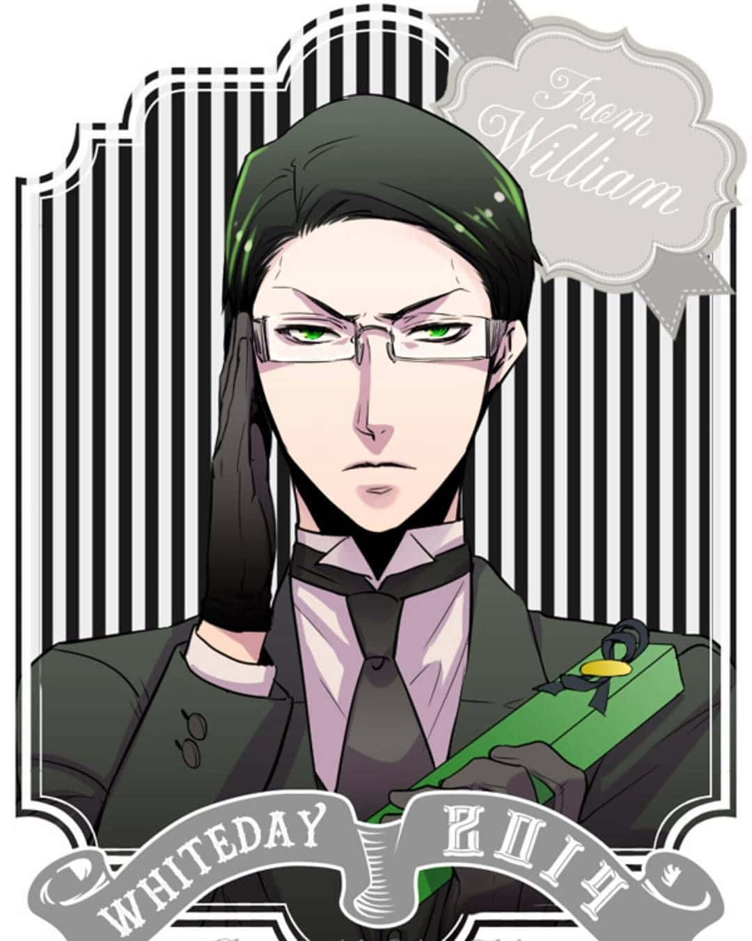 William T. Spears 桌布 壁紙 — 一位嚴肅的動漫男子，綠色眼睛戴著眼鏡，在黑白條紋背景前拿著一個綠色禮物盒。