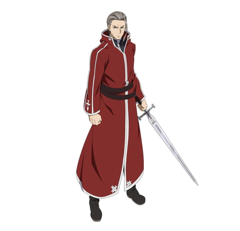 Sword Art Online Heathcliff 桌布 壁紙 — 一位嚴肅的動漫騎士，身穿帶白色滾邊的紅色長袍，在純白色背景上手持銀劍。