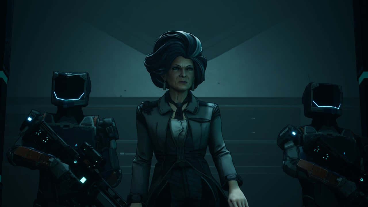 Borderlands Characters 桌布 壁紙 — 一位嚴肅的女性穿著深色外套，在昏暗的未來風格走廊中被兩名武裝機器人夾在中間。