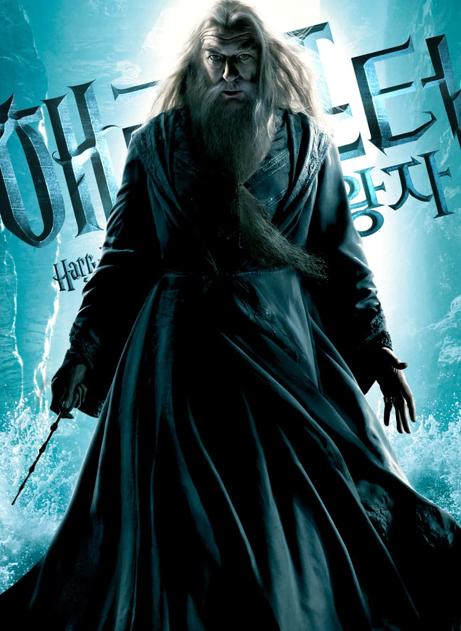 The Half-blood Prince 桌布 壁紙 — 一位嚴肅的巫師，長長的白髮和鬍鬚，身穿深色長袍，手持魔杖，背景是發光的藍色冰面，帶有韓文文字。