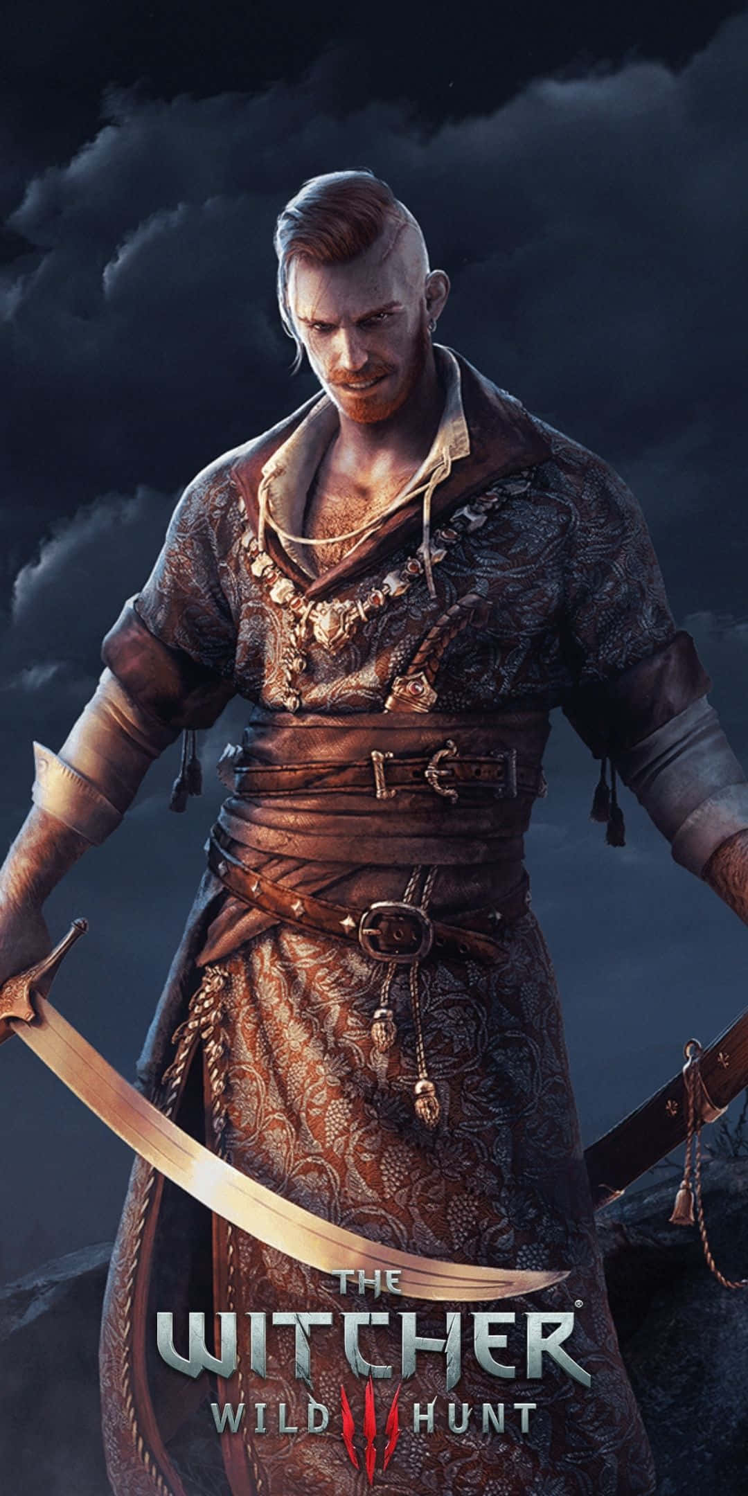 Pixel 3 The Witcher 3 桌布 壁紙 — 一位嚴肅的戰士手持彎刀，在暴風雨的天空下穿著黑暗奇幻盔甲站立。