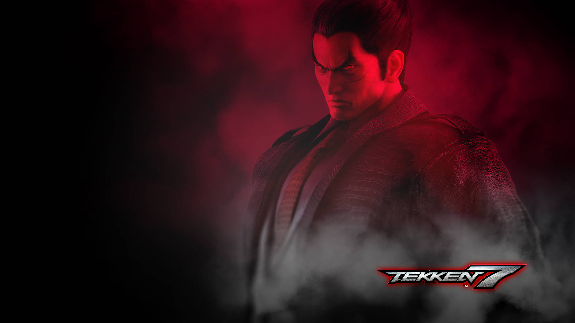 kazuya mishima 桌布 壁紙 — 一位嚴肅的戰士穿著有紋理的夾克，站在煙霧般的紅光中，下方閃爍著 Tekken 7 標誌。