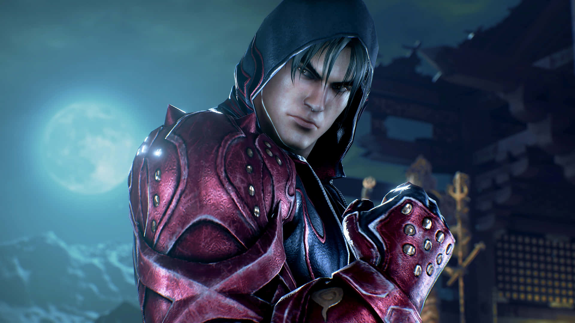 Tekken Characters 桌布 壁紙 — 一位嚴肅的戴兜帽戰士身穿紅色盔甲，站在發光的月亮下，背景是雪山。