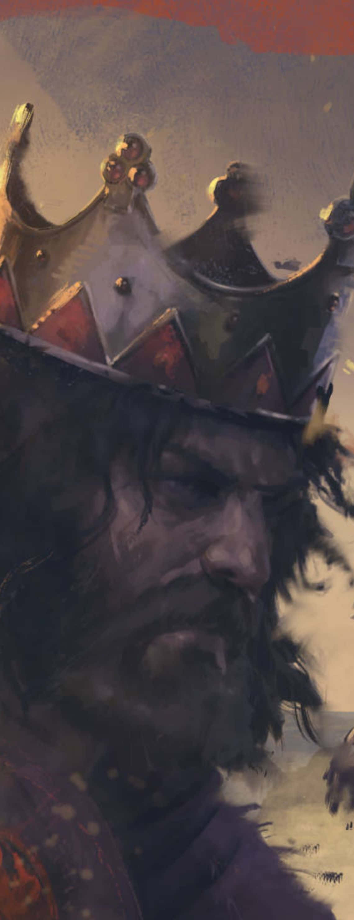 Pixel 3xl Total War Attila 桌布 壁紙 — 一位嚴肅的戴冠國王，留著深色鬍鬚，目光銳利，在如畫的奇幻肖像中向下凝視。