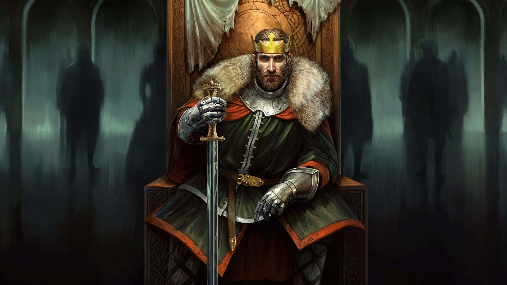 Kingdom 桌布 壁紙 — 一位嚴肅的戴冠國王身穿盔甲坐在王座上，手持劍，陰影般的人物在他身後昏暗的城堡大廳中潛伏。