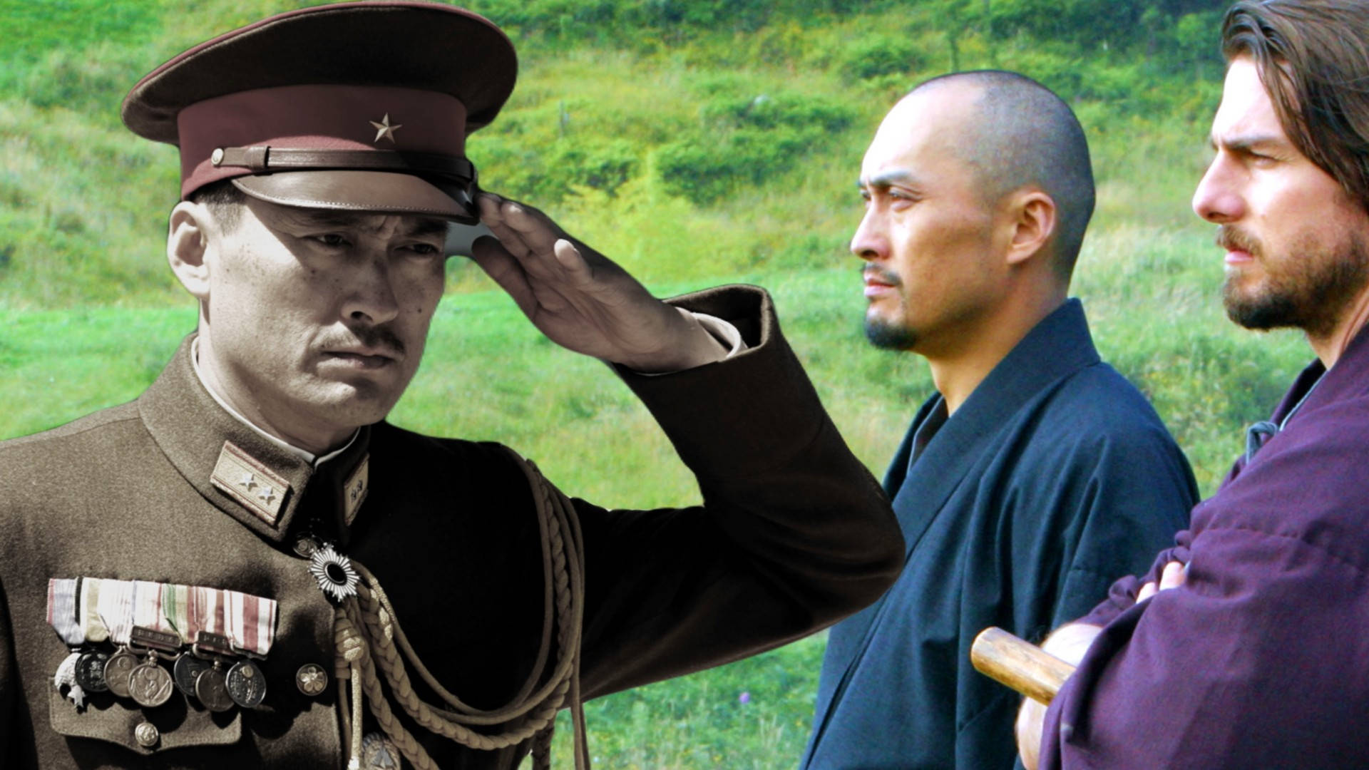 電影動圖 桌布 壁紙 — 一位嚴肅的日本軍官在草地上敬禮，兩旁有一位僧侶和一位鬍鬚男。