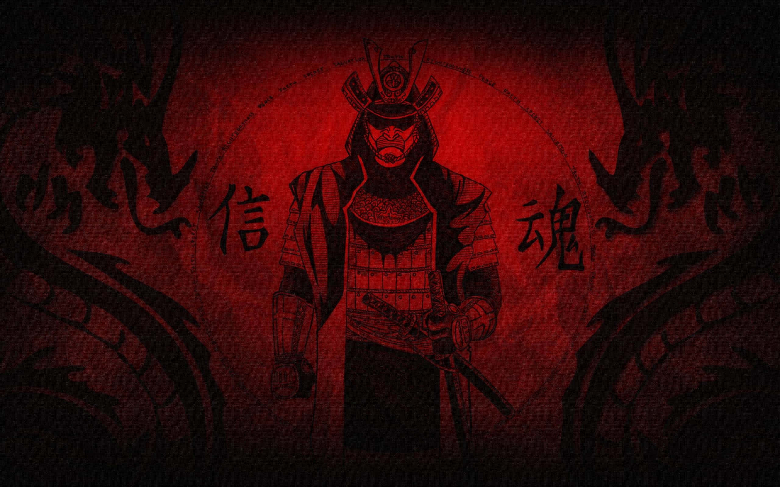 Bushido 桌布 壁紙 — 一位嚴肅的武士穿著全套盔甲，站在血紅色紋理背景前，背景上有黑色龍剪影和漢字。