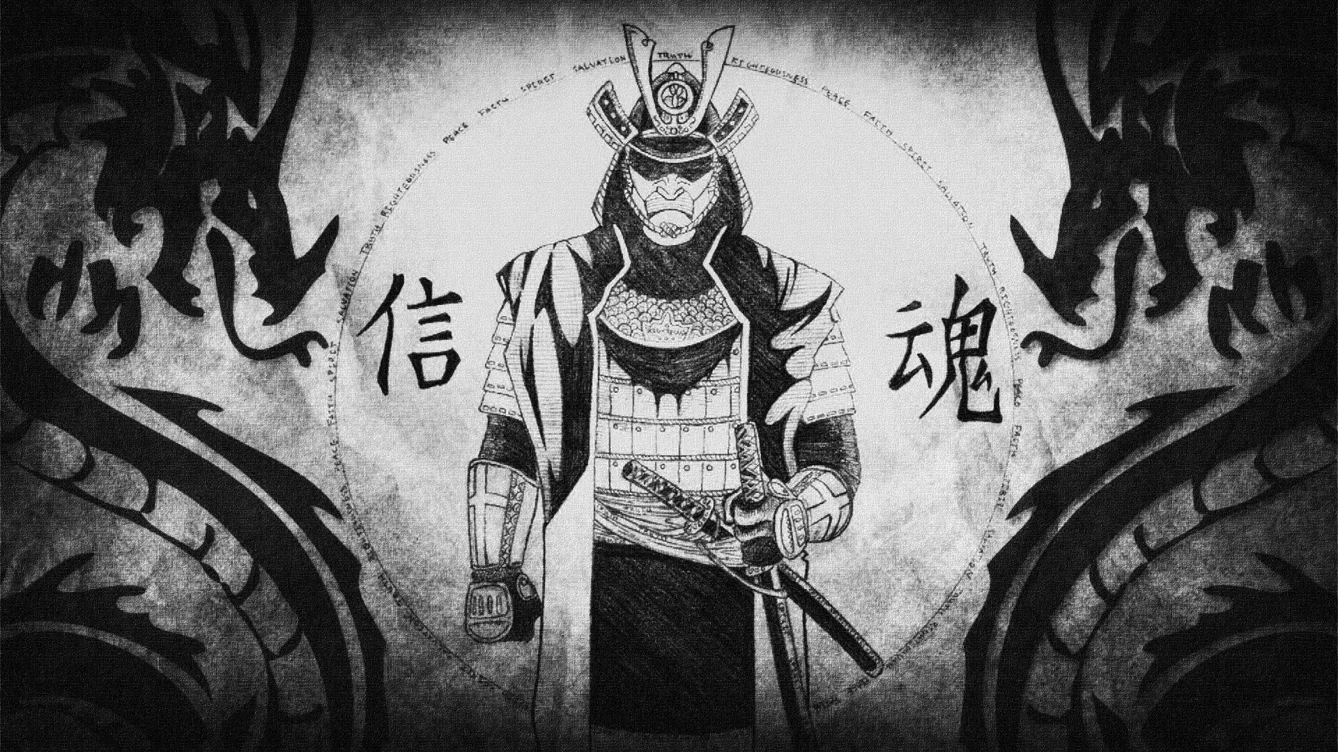 日本武士 桌布 壁紙 — 一位嚴肅的武士穿著全套盔甲，站在兩條龍之間，兩側有漢字環繞。