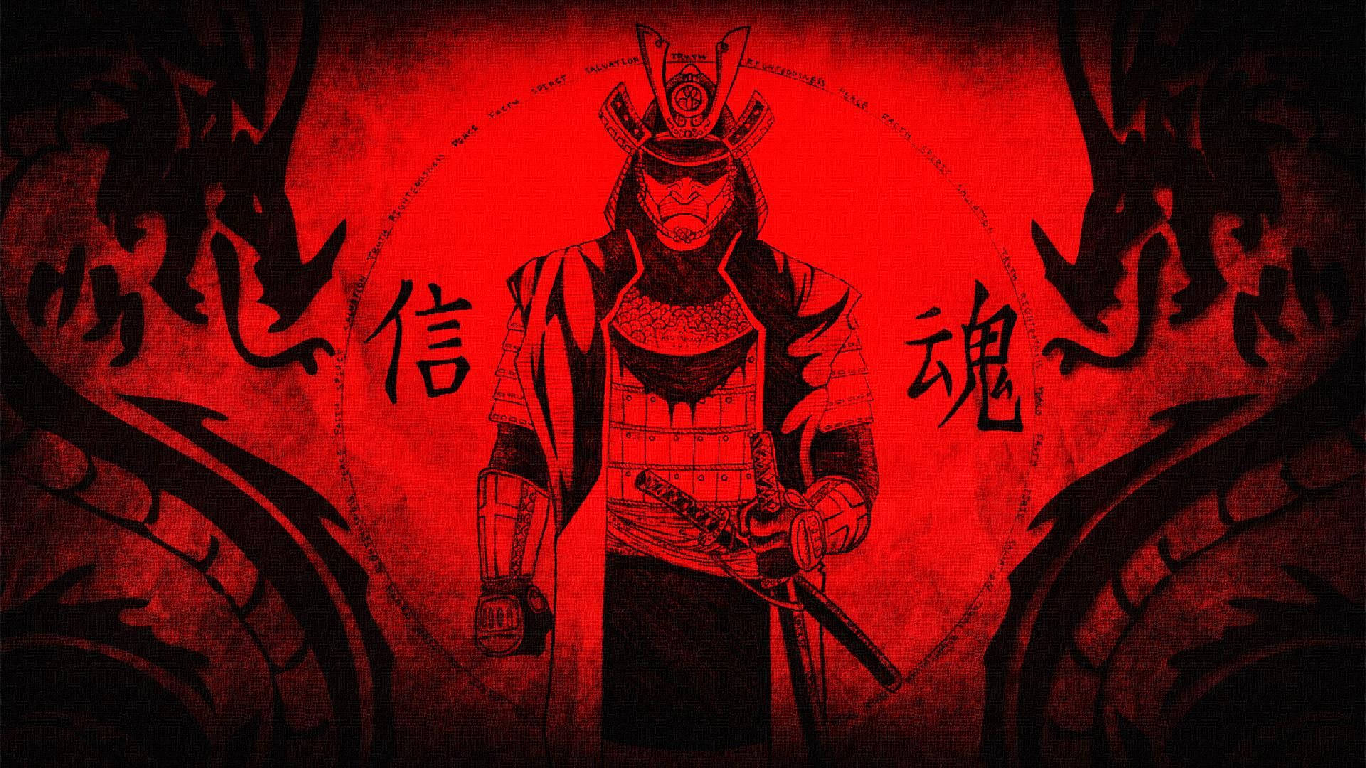 日本武士 桌布 壁紙 — 一位嚴肅的武士穿著全套盔甲，站在血紅色背景前，兩側有黑龍和漢字。