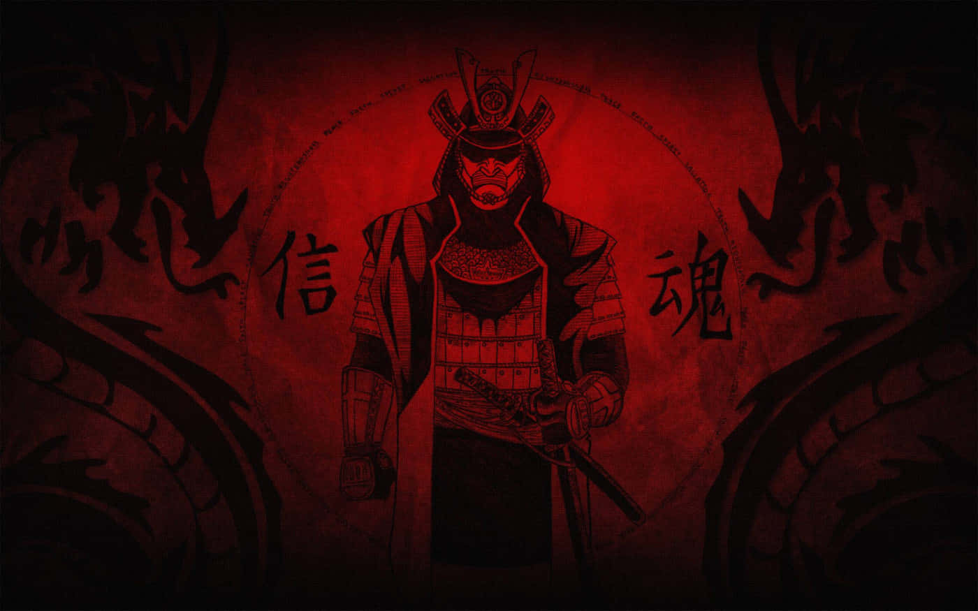 Bushido Samurai 桌布 壁紙 — 一位嚴肅的武士穿著全套盔甲，站在血紅色的背景前，兩側有龍和日本漢字。