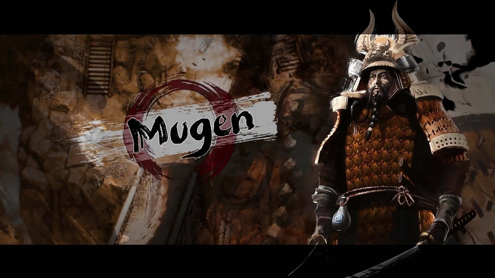 Shogun 桌布 壁紙 — 一位嚴肅的武士穿著精細的盔甲，站在粗糙的石牆前，牆上有粗筆觸的「Mugen」字樣。