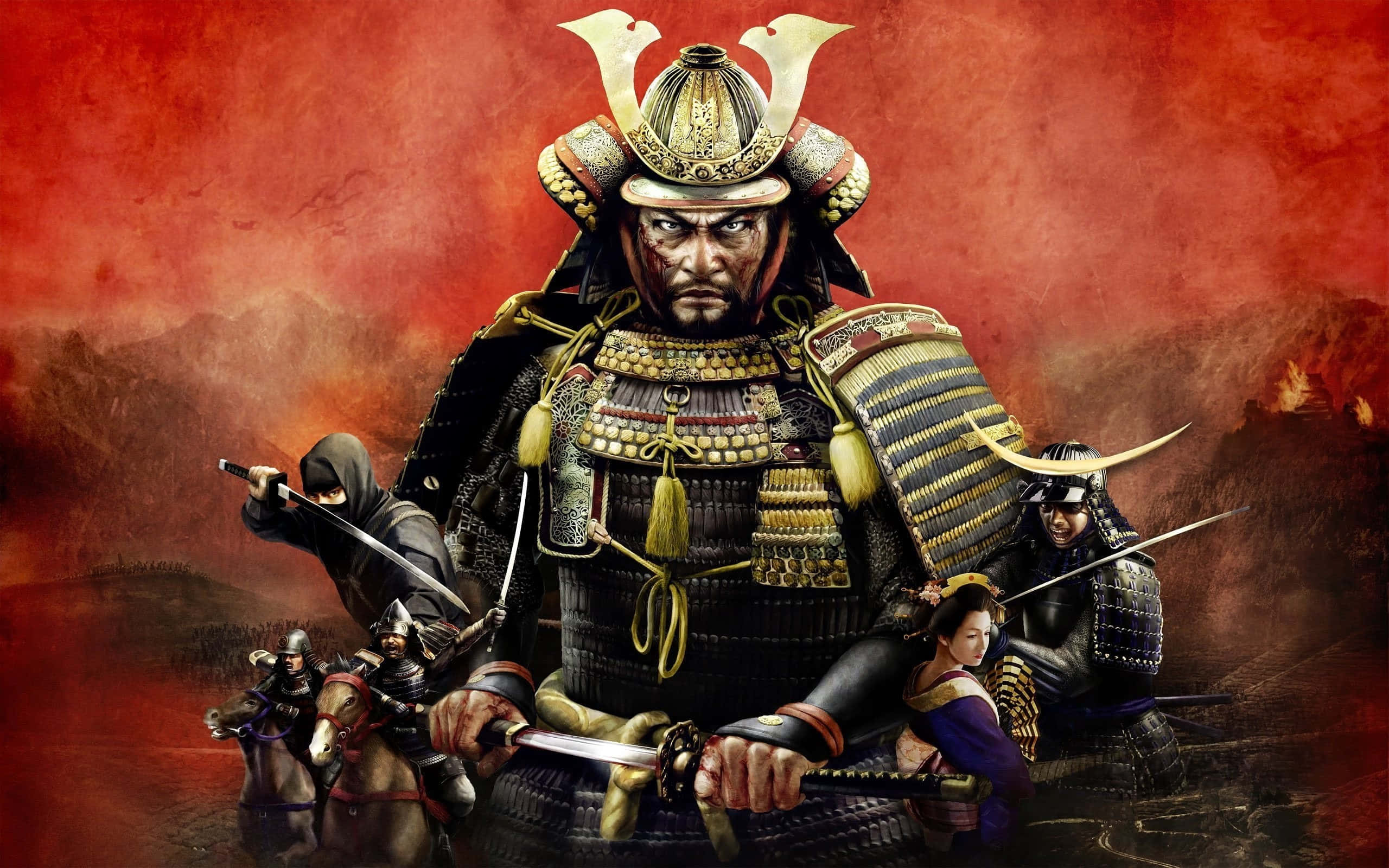 Samurai Warrior 桌布 壁紙 — 一位嚴肅的武士穿著華麗盔甲，拔劍立於中央，兩旁是武裝隨從，背景是熾熱的紅色戰場。