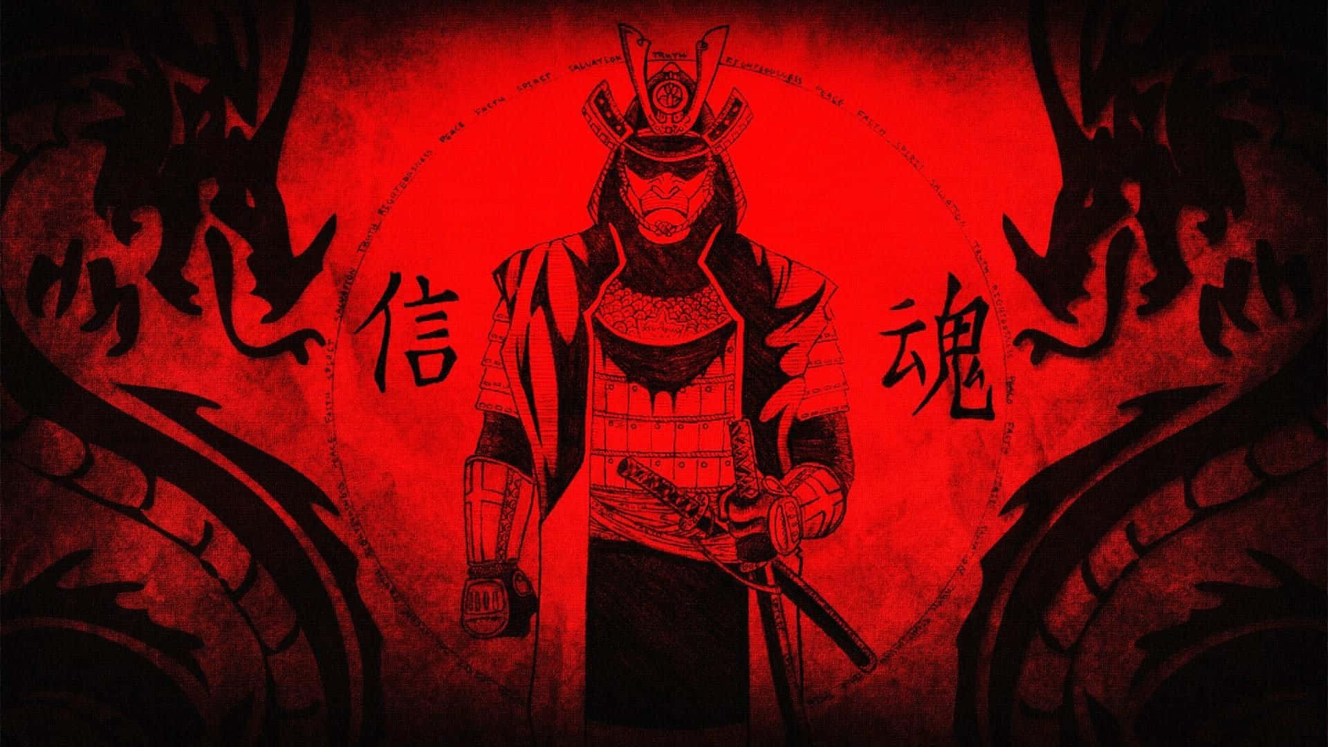 武士動畫 桌布 壁紙 — 一位嚴肅的武士穿著黑色盔甲，站在鮮紅色的背景前，兩側有龍的剪影和漢字。