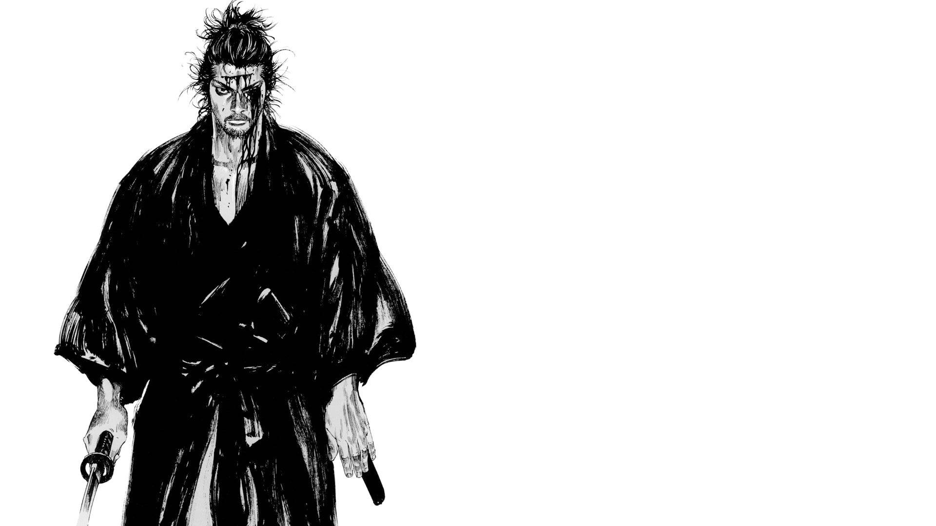 動漫角色 桌布 壁紙 — 一位嚴肅的武士身穿黑色長袍，在純白背景上以墨筆筆觸揮劍。