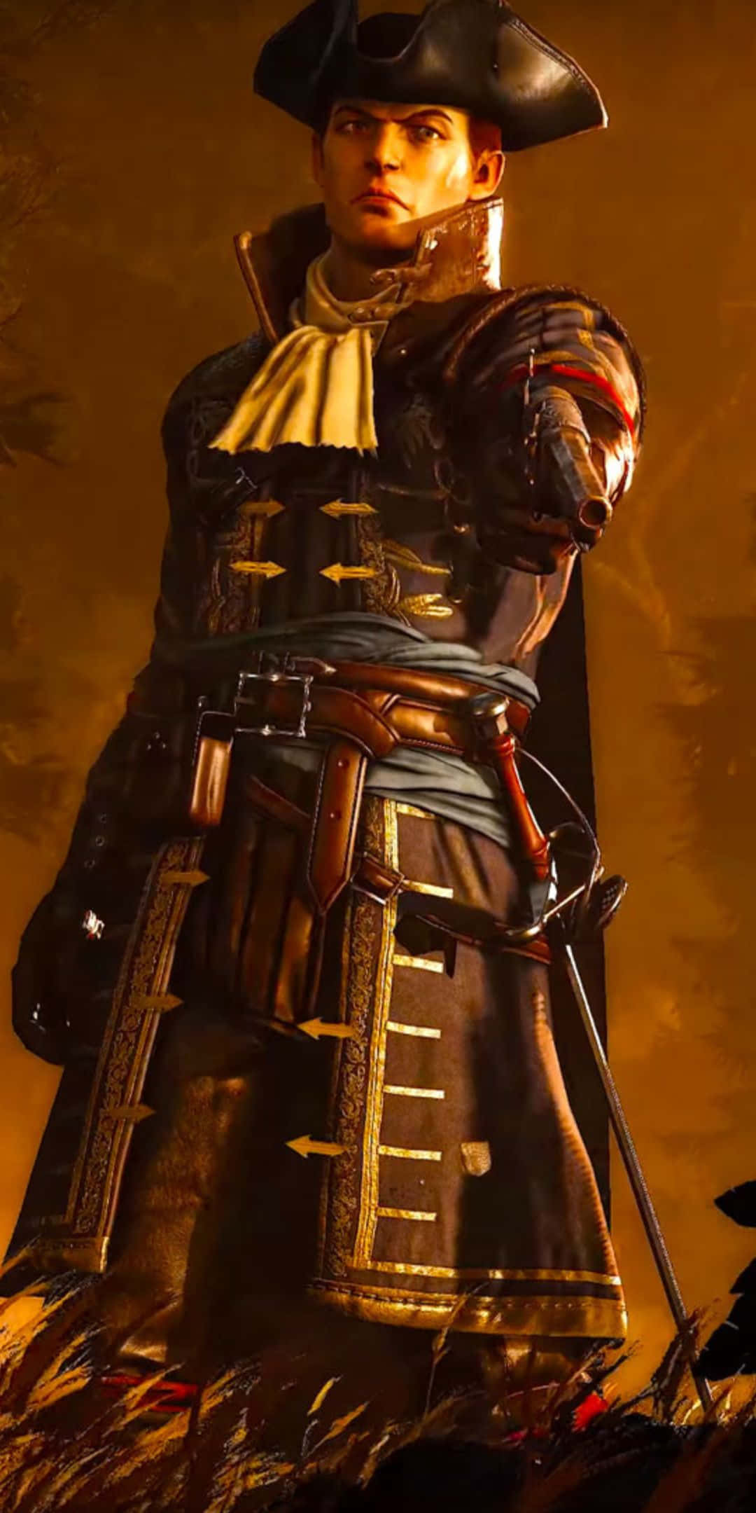 Pixel 3 Greedfall 桌布 壁紙 — 一位嚴肅的海盜船長，身穿華麗的深色盔甲和三角帽，站在金色火焰和煙霧之中。