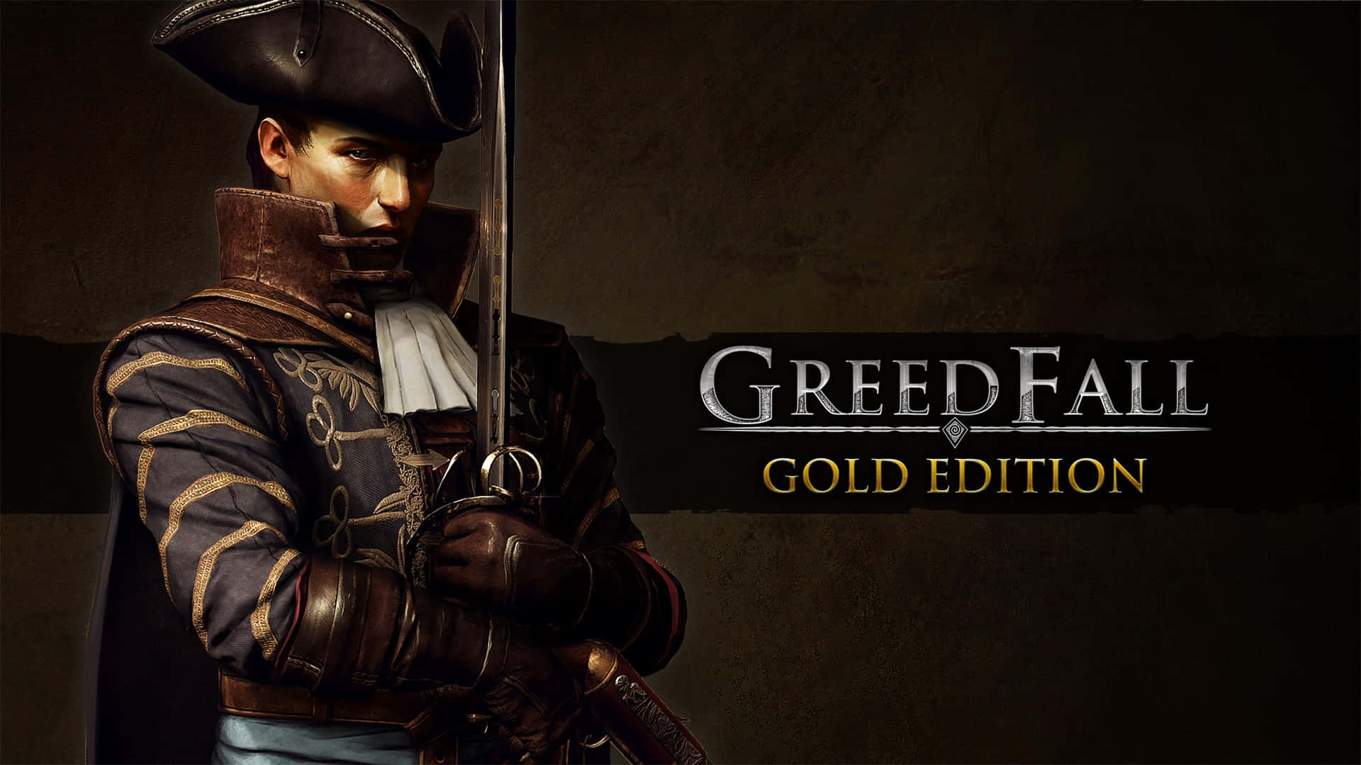 Greedfall 桌布 壁紙 — 一位嚴肅的海盜船長，身穿華麗的深色外套和三角帽，在紋理深色背景前握劍，並帶有「GreedFall Gold Edition」文字。