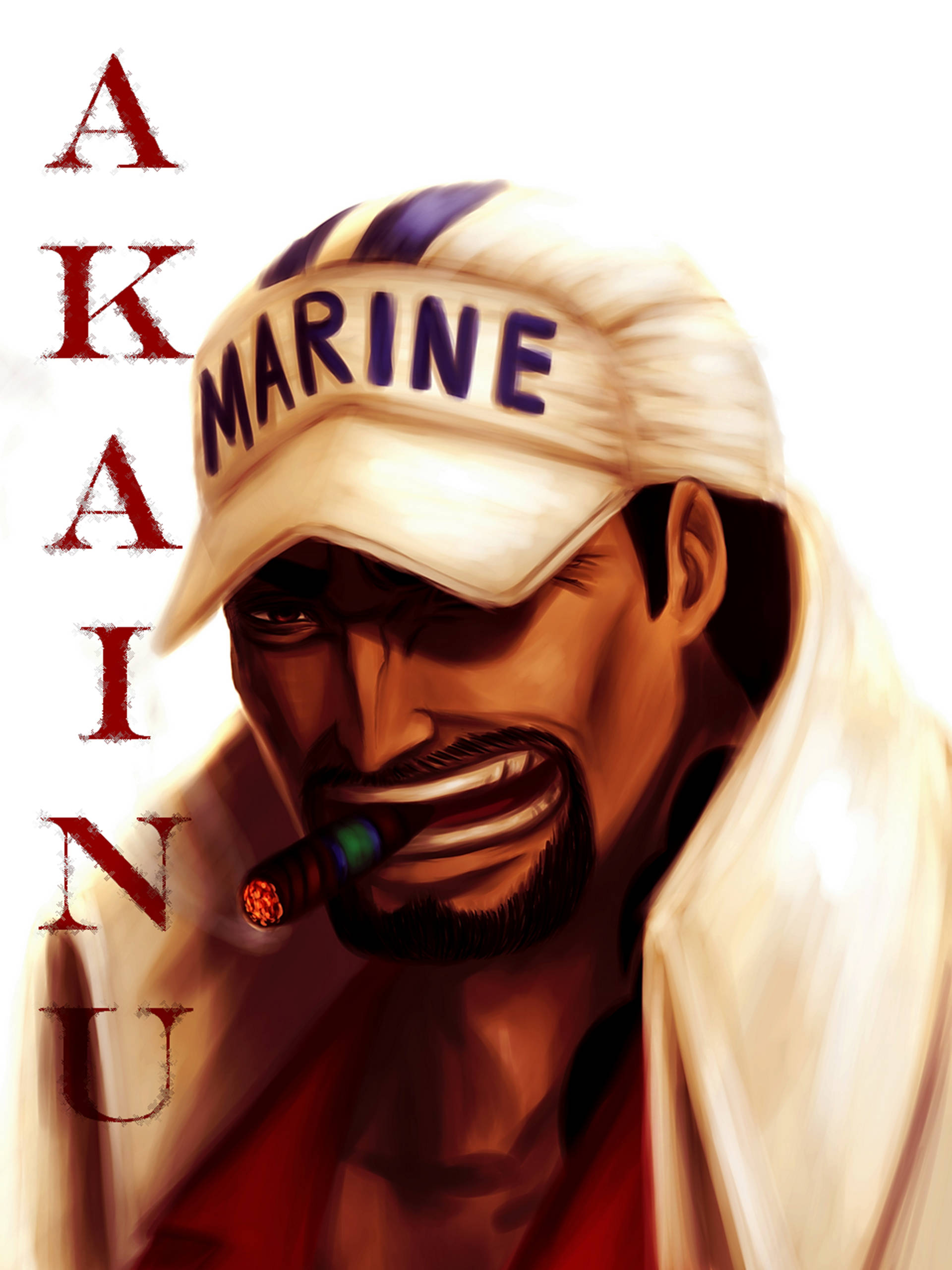 akainu 桌布 壁紙 — 一位嚴肅的海軍軍官，嘴裡叼著雪茄，戴著白色帽子，以大膽的動漫風格和戲劇性的燈光呈現。