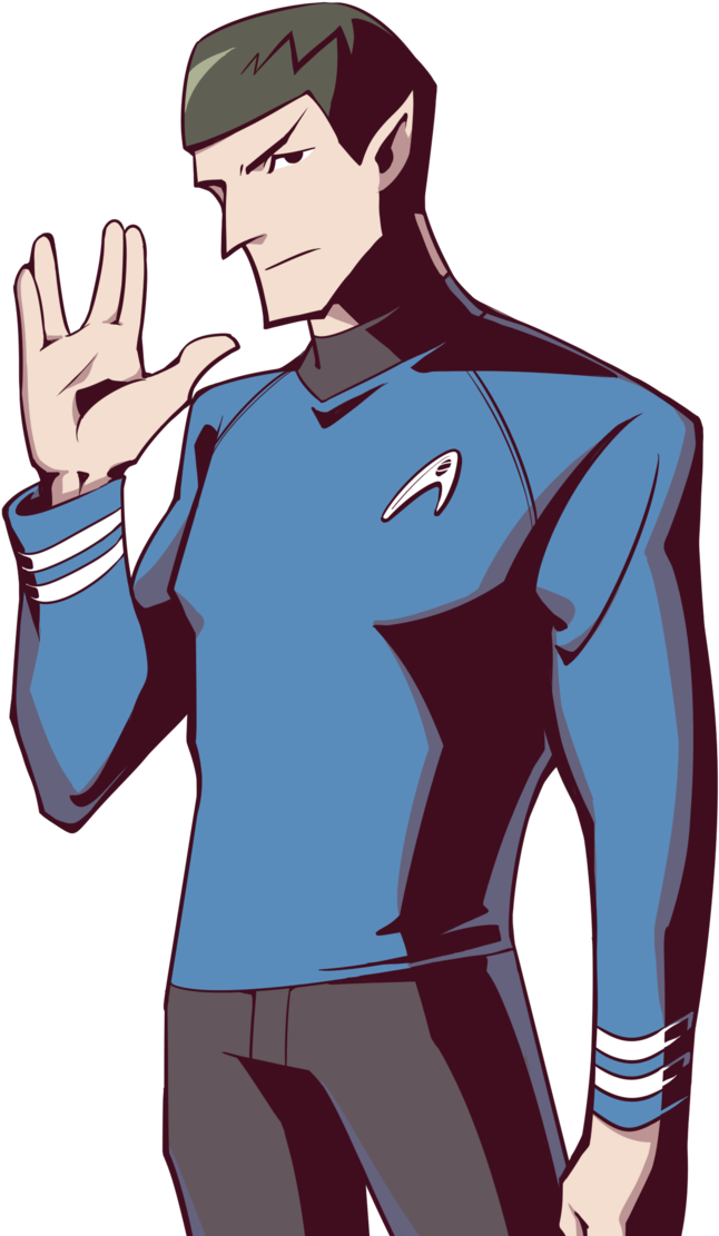 Star Trek Enterprise 桌布 壁紙 — 一位嚴肅的瓦肯軍官穿著藍色星際艦隊制服，在黑色背景前舉手行瓦肯禮。