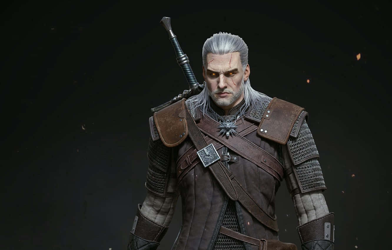 The Witcher Characters 桌布 壁紙 — 一位嚴肅的白髮戰士，身穿精細的皮革和鎖子甲，背著劍，站在黑暗背景中，周圍漂浮著餘燼。