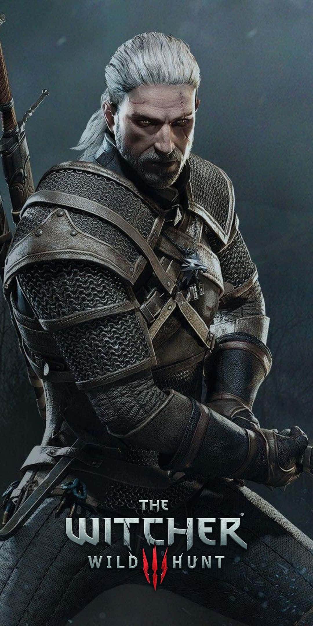 Pixel 3 The Witcher 3 桌布 壁紙 — 一位嚴肅的白髮戰士身著精細盔甲，在黑暗迷霧的背景中緊握著劍。