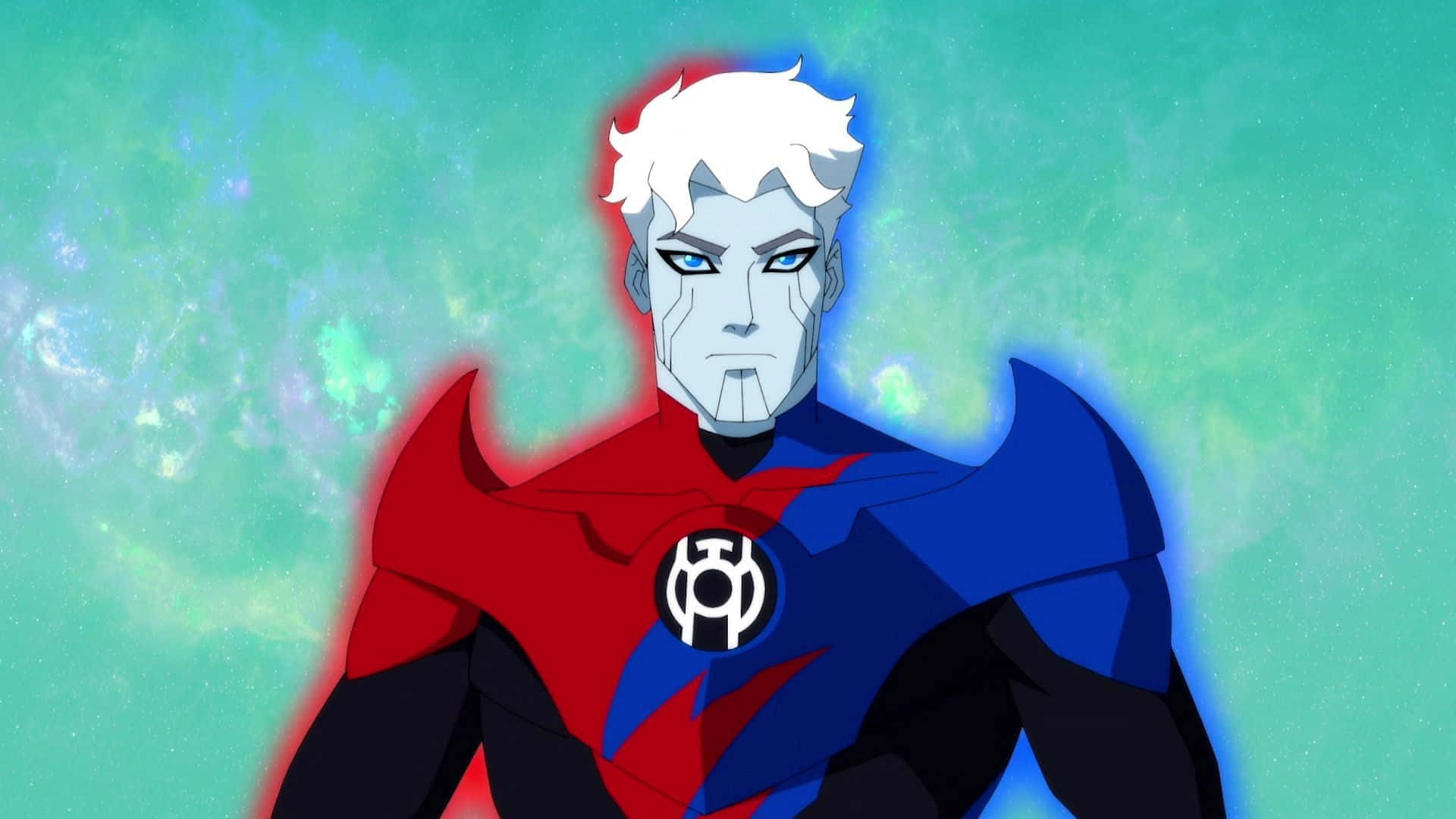 Animated 桌布 壁紙 — 一位嚴肅的白髮超級英雄，身穿紅、藍、黑色套裝，站在發光的宇宙綠色背景前。