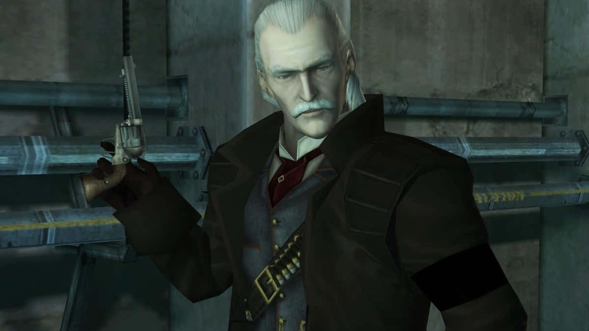 Metal Gear Solid Characters 桌布 壁紙 — 一位嚴肅的白髮鬍鬚男在昏暗的工業環境中手持左輪手槍。