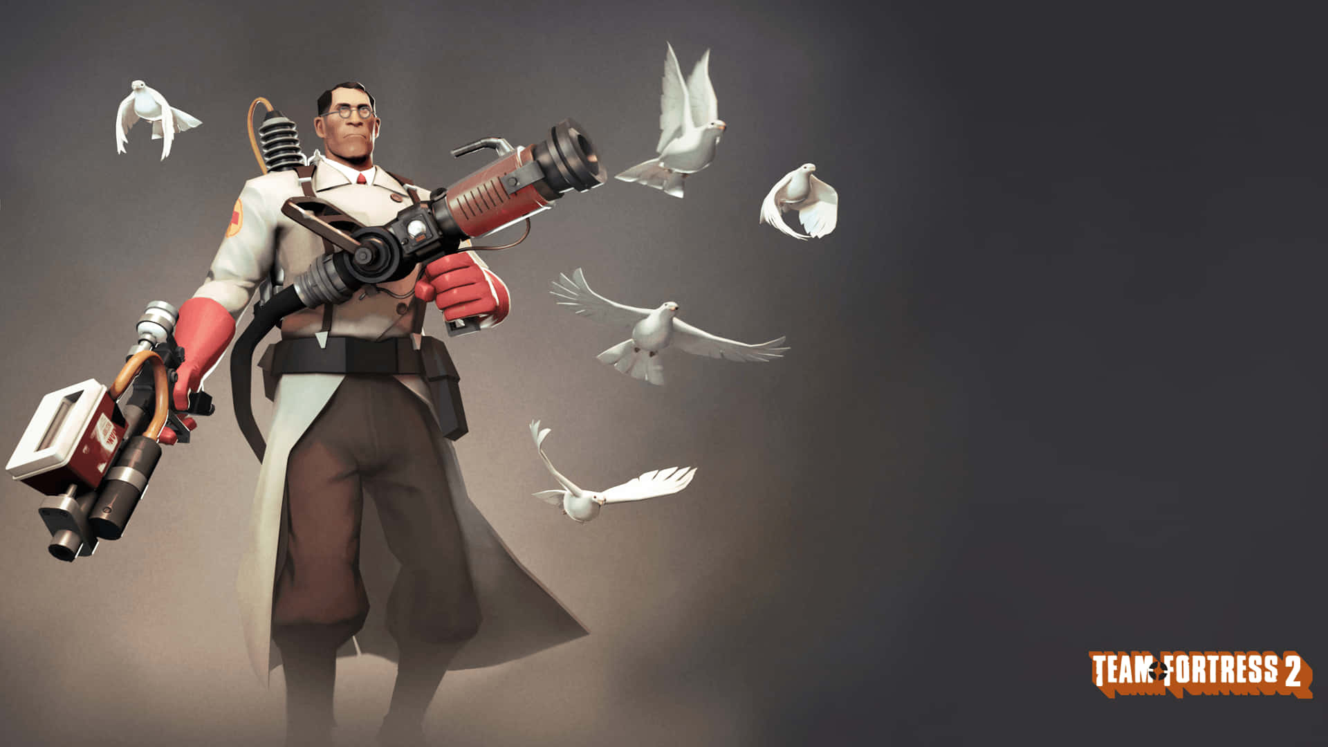 Team Fortress 2 桌布 壁紙 — 一位嚴肅的科學家身穿白大褂，在深灰色背景下揮舞著大型武器，白鴿在他周圍飛翔。