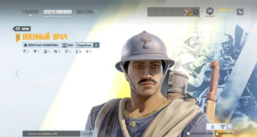 Rainbow Six Siege Doc 桌布 壁紙 — 一位嚴肅的第一次世界大戰士兵的數位肖像，留著鬍子並戴著頭盔，在遊戲的角色自訂選單中顯示。